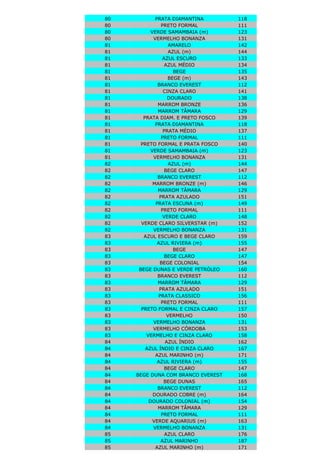 73 VERMELHO SATURNO 127
73 VINHO 170
73 VIOLETA 158
74 AMARELO ASTECA 144
74 AMARELO CONTO 123
74 AMARELO GRAN PRIX 161
74 AMARELO LIMÃO 134
74 AMARELO OÁSIS 128
74 AMARELO ORION 160
74 AMARELO SAFARI 117
74 AZUL AQUARIUM 150
74 AZUL ÁRTICO 129
74 AZUL ASTRAL 113
74 AZUL BALET 106
74 AZUL CATALINA 143
74 AZUL FIRENZE 132
74 AZUL IMPERIAL 163
74 AZUL INTERNACIONAL 124
74 AZUL LE MANS 141
74 AZUL MARÍTIMO 148
74 AZUL NOTURNO 139
74 AZUL POENTE 121
74 AZUL PROFUNDO 169
74 BEGE ESPORTE 115
74 BEGE ITAPOÃ 152
74 BEGE LIDO 130
74 BEGE PRAIA 110
74 BRANCO EVEREST 135
74 BRANCO POLAR 114
74 CAJU 168
74 CAMURÇA 174
74 CARAMELO 149
74 ESCARLATE 159
74 LARANJA 176
74 LARANJA FOGO 164
74 LARANJA SOLAR 147
74 MARFIM DOURADO 125
74 MARFIM INDIANO 133
74 MARROM CALAMAR 166
74 MARROM TROPICAL 151
74 MOSTARDA 162
74 PLANINA 156
74 PRATA 145
74 PRATA LUNAR 177
74 PRETO FORMAL 111
74 ROSA PANTERA 171
74 ROSE 154
74 SÉPIA 155
74 SUPER VERDE 165
74 TURQUEZA 172
74 TURQUEZA NETUNO 153
74 TURQUEZA REAL 131
74 ULTRA VERDE 173
74 VERDE ANTIGO 116
74 VERDE FOLHA 175
74 VERDE MANAUS 138
74 VERDE MENTA 157
74 VERDE MUSGO 126
74 VERDE NOBRE 142
74 VERDE PRIMAVERA 101
74 VERDE SEVILHA 136
74 VERMELHO FÓRMULA 167
74 VERMELHO GRANADA 112
74 VERMELHO MALTA 146
74 VERMELHO MONZA 137
74 VERMELHO SATURNO 127
 