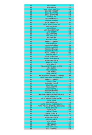 74 VINHO 170
74 VIOLETA 158
75 AMARELO TRIGO 178
75 AZUL FIRMAM (m) 182
75 AZUL MEDITERRÂNEO 179
75 DOURADO ASTECA (m) 183
75 MARROM OUTONO (m) 184
75 PRETO FORMAL 111
75 SUPER VERDE 165
75 TURQUESA (m) 185
75 TURQUEZA 172
75 VERDE SAMAMBAIA 181
75 VERMELHO MARTE 180
75 VINHO 170
76 AMARELO PRIMAVERA 117
76 AZUL CLÁSSICO 114
76 AZUL VIVO 113
76 BEGE COPACABANA 115
76 BRANCO EVEREST 112
76 LARANJA BRONZE (m) 120
76 PRATA INCA (m) 118
76 PRETO FORMAL 111
76 VERDE OURO (m) 119
76 VERMELHO CEREJA 116
77 AMARELO LÓTUS 121
77 AZUL COBALTO (m) 127
77 AZUL HAWAI 124
77 BRANCO EVEREST 112
77 MARROM MONTERREY (m) 126
77 OURO IMPERIAL (m) 128
77 PRATA INCA (m) 118
77 PRETO FORMAL 111
77 VERDE PARATI 125
77 VERMELHO ÁLAMO 123
77 VERMELHO CRETA 122
78 AMARELO OURO (m) 136
78 AZUL DANÚBIO (m) 135
78 AZUL TAPAJÓS 130
78 BEGE AREIA (m) 134
78 BRANCO EVEREST 112
78 LARANJA BOREAL 131
78 MARROM TÂMARA 129
78 MARROM TERRA (m) 137
78 PRATA INCA (m) 118
78 PRETO FORMAL 111
78 VERMELHO METEORO 133
78 VERMELHO VINHO 132
79 AMARELO CANDEIAS 114
79 AZUL IGUAÇU 119
79 AZUL XINGU 113
79 BEGE IPANEMA 122
79 BEGE ITAPEMA 115
79 BRANCO EVEREST 112
79 MARROM ARAUCÁRIA 121
79 MARROM TÂMARA 129
79 PRATA DIAMANTINA 118
79 PRETO FORMAL 111
79 VERDE OLINDA 120
79 VERMELHO MARAJÓ 116
79 VERMELHO VINHO 117
80 AZUL ULTRAMAR 130
80 BEGE SAARA 132
80 BRANCO EVEREST 112
80 DOURADO PALHA (m) 126
80 MARROM CANELA (m) 127
80 MARROM TÂMARA 129
 