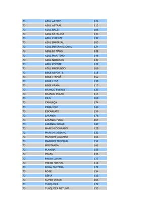 71 VERMELHO FÓRMULA 167
71 VERMELHO GRANADA 112
71 VERMELHO MALTA 146
71 VERMELHO MONZA 137
71 VERMELHO SATURNO 127
71 VINHO 170
71 VIOLETA 158
72 AMARELO ASTECA 144
72 AMARELO CONTO 123
72 AMARELO GRAN PRIX 161
72 AMARELO LIMÃO 134
72 AMARELO OÁSIS 128
72 AMARELO ORION 160
72 AMARELO SAFARI 117
72 AZUL AQUARIUM 150
72 AZUL ÁRTICO 129
72 AZUL ASTRAL 113
72 AZUL BALET 106
72 AZUL CATALINA 143
72 AZUL FIRENZE 132
72 AZUL IMPERIAL 163
72 AZUL INTERNACIONAL 124
72 AZUL LE MANS 141
72 AZUL MARÍTIMO 148
72 AZUL NOTURNO 139
72 AZUL POENTE 121
72 AZUL PROFUNDO 169
72 BEGE ESPORTE 115
72 BEGE ITAPOÃ 152
72 BEGE LIDO 130
72 BEGE PRAIA 110
72 BRANCO EVEREST 135
72 BRANCO POLAR 114
72 CAJU 168
72 CAMURÇA 174
72 CARAMELO 149
72 ESCARLATE 159
72 LARANJA 176
72 LARANJA FOGO 164
72 LARANJA SOLAR 147
 