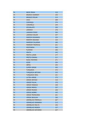73 AZUL ÁRTICO 129
73 AZUL ASTRAL 113
73 AZUL BALET 106
73 AZUL CATALINA 143
73 AZUL FIRENZE 132
73 AZUL IMPERIAL 163
73 AZUL INTERNACIONAL 124
73 AZUL LE MANS 141
73 AZUL MARÍTIMO 148
73 AZUL NOTURNO 139
73 AZUL POENTE 121
73 AZUL PROFUNDO 169
73 BEGE ESPORTE 115
73 BEGE ITAPOÃ 152
73 BEGE LIDO 130
73 BEGE PRAIA 110
73 BRANCO EVEREST 135
73 BRANCO POLAR 114
73 CAJU 168
73 CAMURÇA 174
73 CARAMELO 149
73 ESCARLATE 159
73 LARANJA 176
73 LARANJA FOGO 164
73 LARANJA SOLAR 147
73 MARFIM DOURADO 125
73 MARFIM INDIANO 133
73 MARROM CALAMAR 166
73 MARROM TROPICAL 151
73 MOSTARDA 162
73 PLANINA 156
73 PRATA 145
73 PRATA LUNAR 177
73 PRETO FORMAL 111
73 ROSA PANTERA 171
73 ROSE 154
73 SÉPIA 155
73 SUPER VERDE 165
73 TURQUEZA 172
73 TURQUEZA NETUNO 153
 