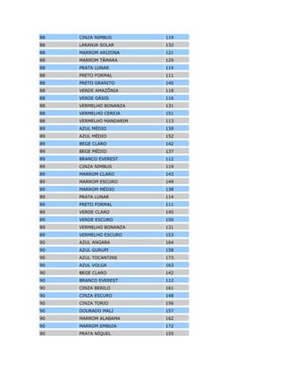 84 BEGE DUNA COM BRANCO EVEREST 168
84 BEGE DUNAS 165
84 BRANCO EVEREST 112
84 DOURADO COBRE (m) 164
84 DOURADO COLONIAL (m) 154
84 MARROM TÂMARA 129
84 PRETO FORMAL 111
84 VERDE AQUARIUS (m) 163
84 VERMELHO BONANZA 131
85 AZUL CLARO 176
85 AZUL MARINHO 187
85 AZUL MARINHO (m) 171
85 AZUL NAVAL 177
85 BEGE BRUMA 173
85 BEGE CHAMPAGNE (m) 184
85 BRANCO EVEREST 112
85 CINZA CAMPESTRE 172
85 CINZA CAMPESTRE 175
85 MARROM ITA 174
85 MARROM MIRAGE 185
85 MARROM TÂMARA 129
85 PRATA ANDINO (m) 182
85 PRATA MONTECARLO (m) 183
85 PRETO FORMAL 111
85 VERDE ÁGUA 186
85 VERMELHO BONANZA 131
86 AZUL CELESTE 132
86 AZUL COBALTO 123
86 AZUL NASCENTE 122
86 BEGE BRUMA 173
86 BEGE PISTACHE 121
86 BRANCO EVEREST 112
86 CINZA URÂNIO 127
86 DOURADO MINAS 128
86 MARROM BARROCO 129
86 MARROM SAVANA 120
86 MARROM TÂMARA 129
86 PRATA ANDINO (m) 182
86 PRETO FORMAL 111
86 VERDE ESMERALDA 130
 