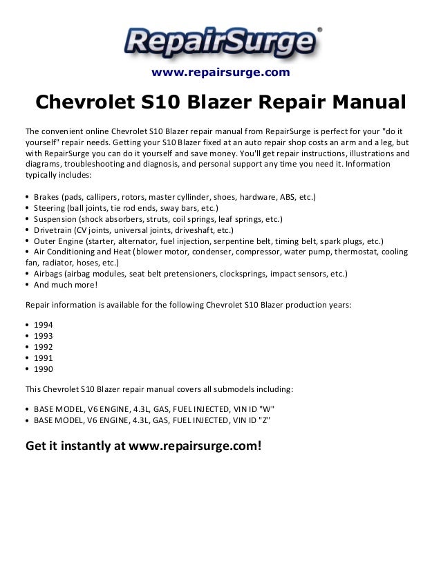Chevrolet S10 Blazer Repair Manual 1990 1994