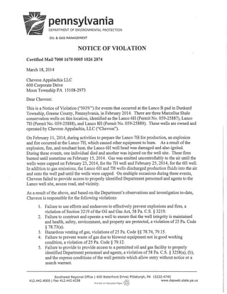 Notice of Violation from the PA DEP to Chevron for Greene County, PA Well Fire
