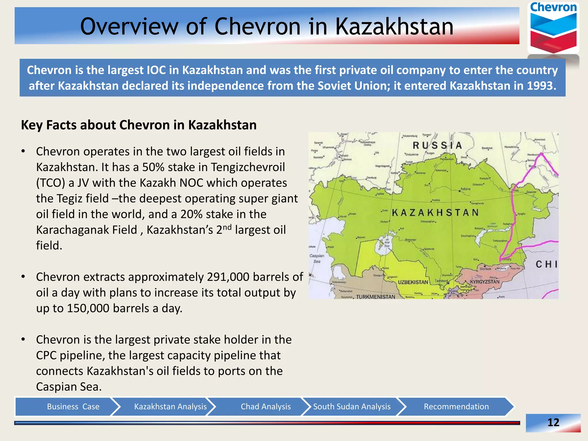 Overview of Chevron in Kazakhstan
Chevron  is  the  largest  IOC  in  Kazakhstan  and  was  the  first  private  oil  company  to  enter  the  country  
after  Kazakhstan  declared  its  independence  from  the  Soviet  Union;  it  entered  Kazakhstan  in  1993.  

Key  Facts  about  Chevron  in  Kazakhstan  
  

Chevron  operates  in  the  two  largest  oil  fields  in  

  
Kazakhstan.  It  has  a  50%  stake  in  Tengizchevroil  
     (TCO)  a  JV  with  the  Kazakh  NOC  which  operates  
   the  Tegiz  field   the  deepest  operating  super  giant  
oil  field  in  the  world,  and  a  20%  stake  in  the  
nd  largest  oil  
field.  
  
Chevron  extracts  approximately  291,000  barrels  of  
oil  a  day  with  plans  to  increase  its  total  output  by  
up  to  150,000  barrels  a  day.  
  
Chevron  is  the  largest  private  stake  holder  in  the  
CPC  pipeline,  the  largest  capacity  pipeline  that  
connects  Kazakhstan's  oil  fields  to  ports  on  the  
Caspian  Sea.  
Business    Case  

Kazakhstan  Analysis  

Chad  Analysis  

South  Sudan  Analysis  

Recommendation  

12  

 