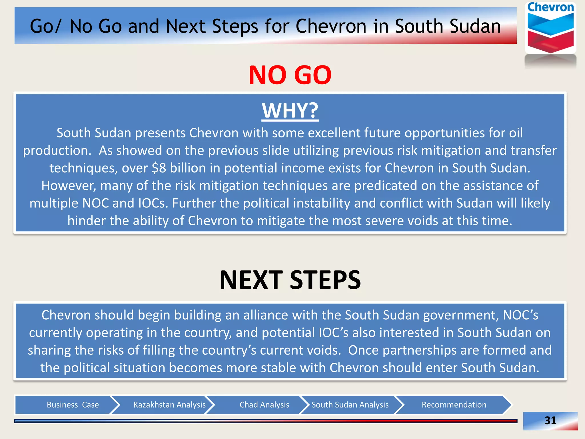 Go/ No Go and Next Steps for Chevron in South Sudan

NO  GO  
WHY?  
South  Sudan  presents  Chevron  with  some  excellent  future  opportunities  for  oil  
production.    As  showed  on  the  previous  slide  utilizing  previous  risk  mitigation  and  transfer  
techniques,  over  $8  billion  in  potential  income  exists  for  Chevron  in  South  Sudan.    
However,  many  of  the  risk  mitigation  techniques  are  predicated  on  the  assistance  of  
multiple  NOC  and  IOCs.  Further  the  political  instability  and  conflict  with  Sudan  will  likely  
hinder  the  ability  of  Chevron  to  mitigate  the  most  severe  voids  at  this  time.      

NEXT  STEPS  
the  political  situation  becomes  more  stable  with  Chevron  should  enter  South  Sudan.  
Business    Case  

Kazakhstan  Analysis  

Chad  Analysis  

South  Sudan  Analysis  

Recommendation  

31  

 
