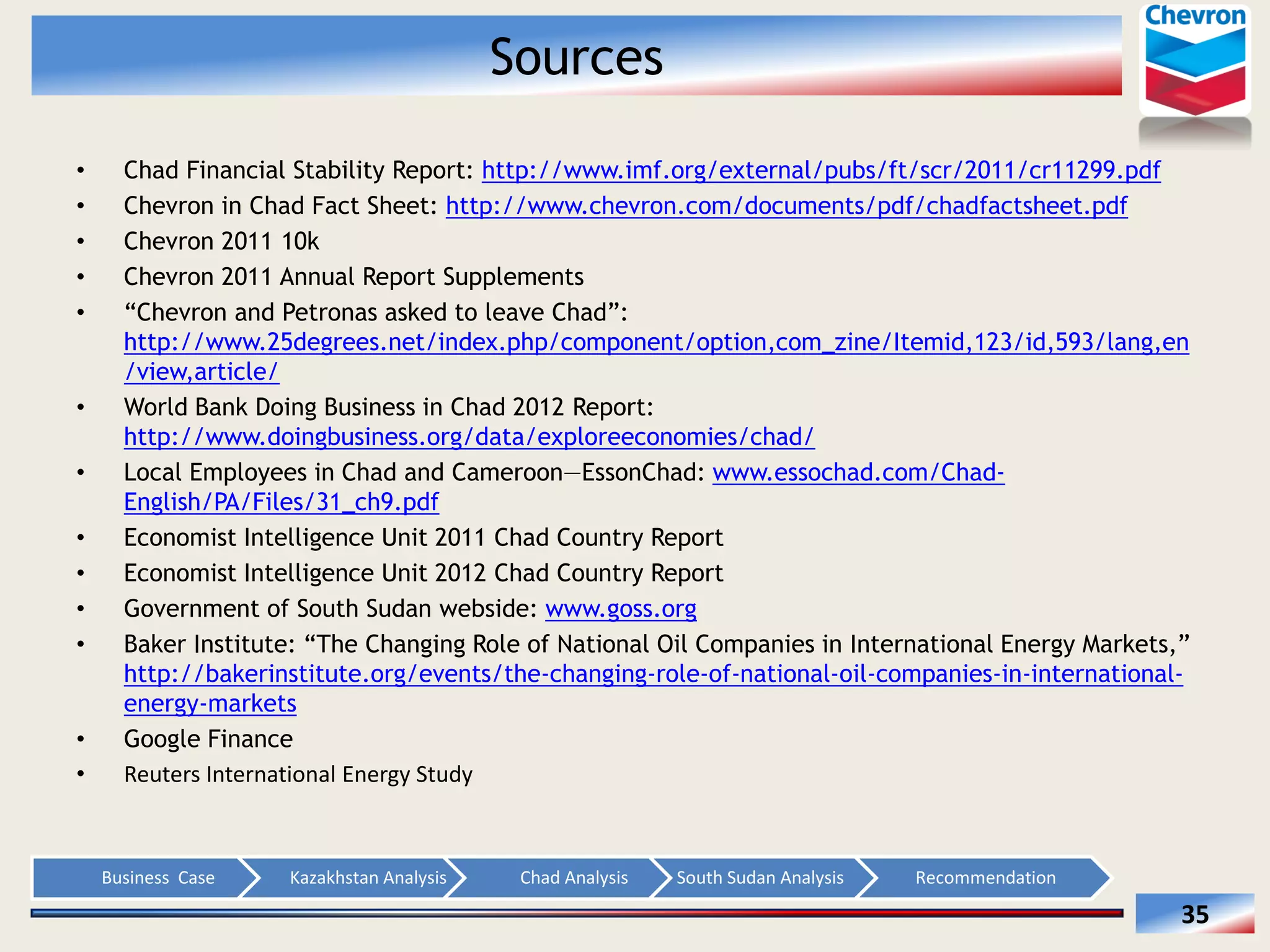 Sources
Chad Financial Stability Report: http://www.imf.org/external/pubs/ft/scr/2011/cr11299.pdf
Chevron in Chad Fact Sheet: http://www.chevron.com/documents/pdf/chadfactsheet.pdf
Chevron 2011 10k
Chevron 2011 Annual Report Supplements
Petronas
http://www.25degrees.net/index.php/component/option,com_zine/Itemid,123/id,593/lang,en
/view,article/
World Bank Doing Business in Chad 2012 Report:
http://www.doingbusiness.org/data/exploreeconomies/chad/
Local Employees in Chad and Cameroon EssonChad: www.essochad.com/Chad-‐
English/PA/Files/31_ch9.pdf
Economist Intelligence Unit 2011 Chad Country Report
Economist Intelligence Unit 2012 Chad Country Report
Government of South Sudan webside: www.goss.org
http://bakerinstitute.org/events/the-‐changing-‐role-‐of-‐national-‐oil-‐companies-‐in-‐international-‐
energy-‐markets
Google Finance
Reuters  International  Energy  Study  

Business    Case  

Kazakhstan  Analysis  

Chad  Analysis  

South  Sudan  Analysis  

Recommendation  

35  

 
