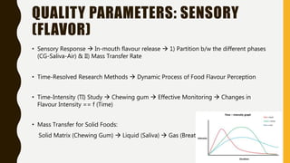 QUALITY PARAMETERS: SENSORY
(FLAVOR)
• Sensory Response  In-mouth flavour release  1) Partition b/w the different phases
(CG-Saliva-Air) & II) Mass Transfer Rate
• Time-Resolved Research Methods  Dynamic Process of Food Flavour Perception
• Time-Intensity (TI) Study  Chewing gum  Effective Monitoring  Changes in
Flavour Intensity == f (Time)
• Mass Transfer for Solid Foods:
Solid Matrix (Chewing Gum)  Liquid (Saliva)  Gas (Breath)
 