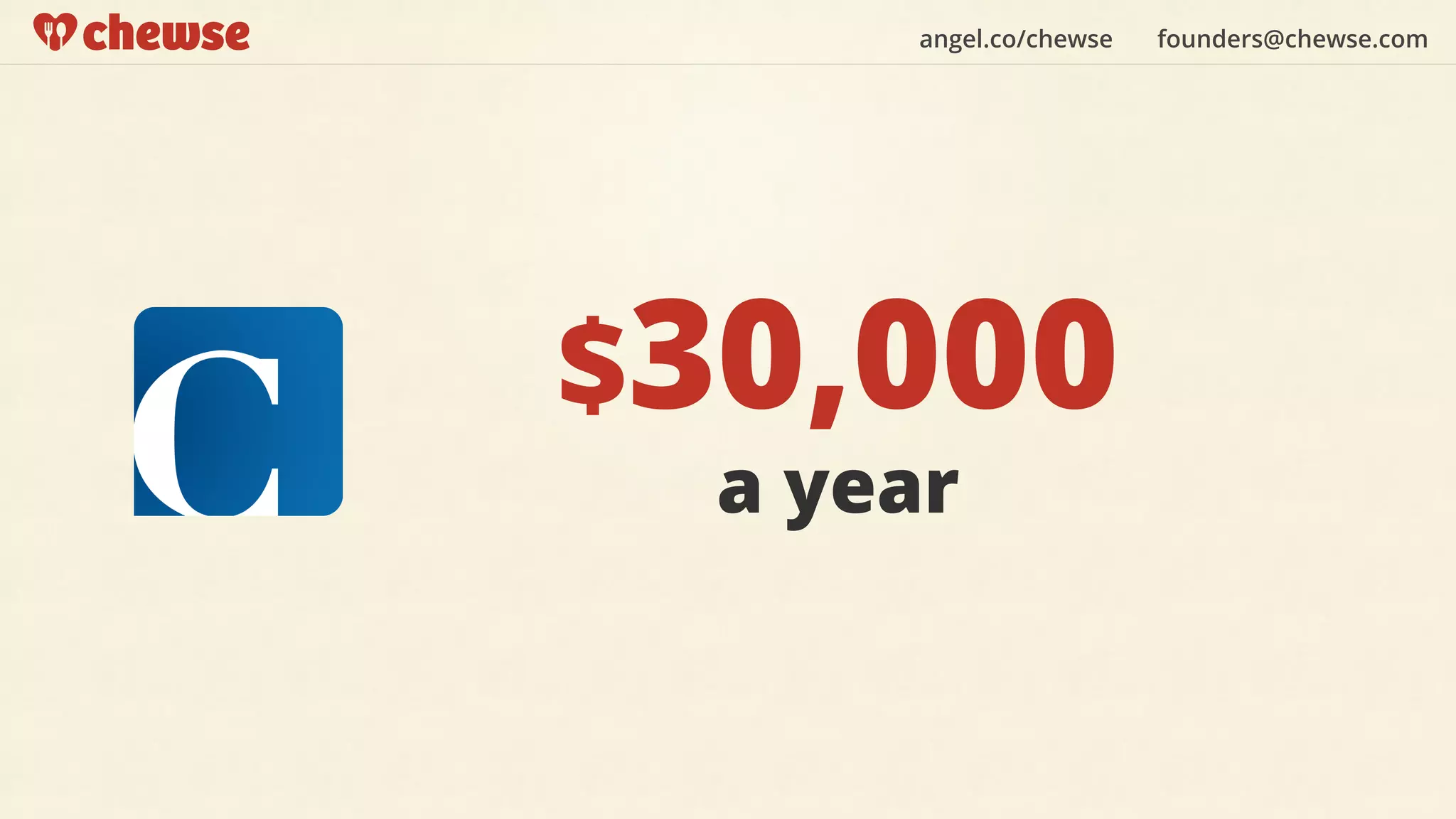 angel.co/chewse founders@chewse.com
$30,000
a year