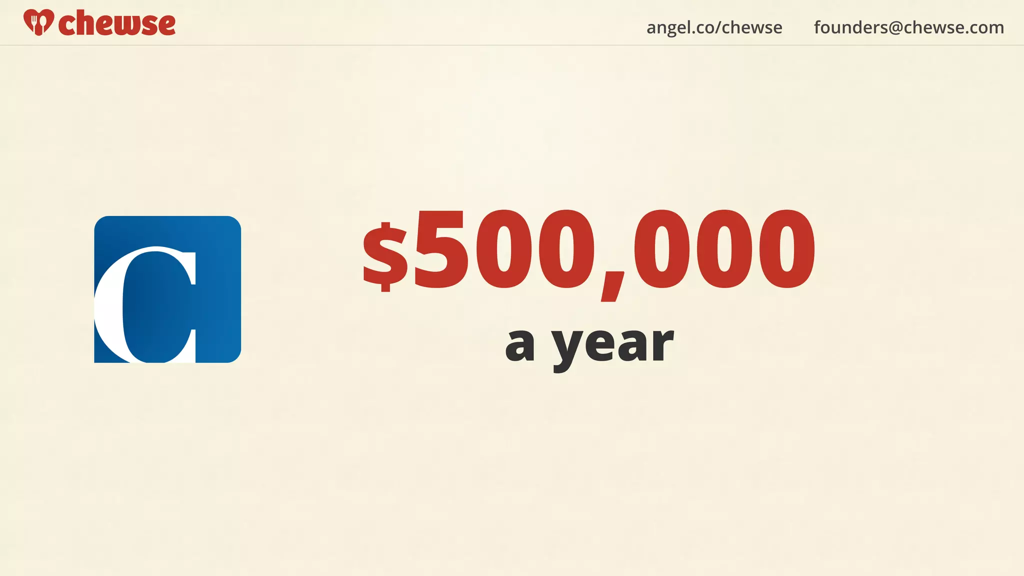 angel.co/chewse founders@chewse.com
$500,000
a year