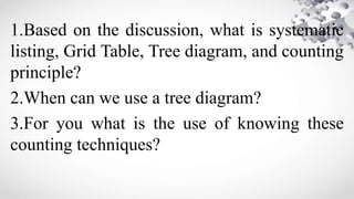 1.Based on the discussion, what is systematic
listing, Grid Table, Tree diagram, and counting
principle?
2.When can we use a tree diagram?
3.For you what is the use of knowing these
counting techniques?
 