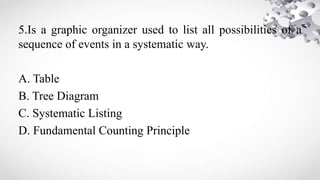 5.Is a graphic organizer used to list all possibilities of a
sequence of events in a systematic way.
A. Table
B. Tree Diagram
C. Systematic Listing
D. Fundamental Counting Principle
 