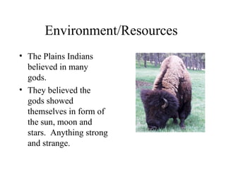 Environment/Resources  The Plains Indians believed in many gods. They believed the gods showed themselves in form of the sun, moon and stars.  Anything strong and strange. 