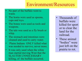 Environment/Resources   No part of the buffalo went to waste. The horns were used as spoons, cups and toys. The bones were used as tools and weapons. The tale was used as a fly brush or whip. The stomach and intestines were cleaned and used to carry water. Plains Indians  ONLY killed what was needed to survive, never more. It was only used when the white man started moving West that the SLAUTER UNNECESSARY killing, of  the buffalo occurred.  Thousands of buffalo were killed for sport or to clear the land for the railroad. These animal “bodies” were  just left on the prairie to rot.  
