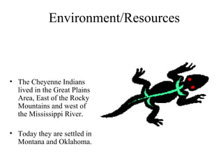 Environment/Resources The Cheyenne Indians lived in the Great Plains Area, East of the Rocky Mountains and west of the Mississippi River. Today they are settled in Montana and Oklahoma. 