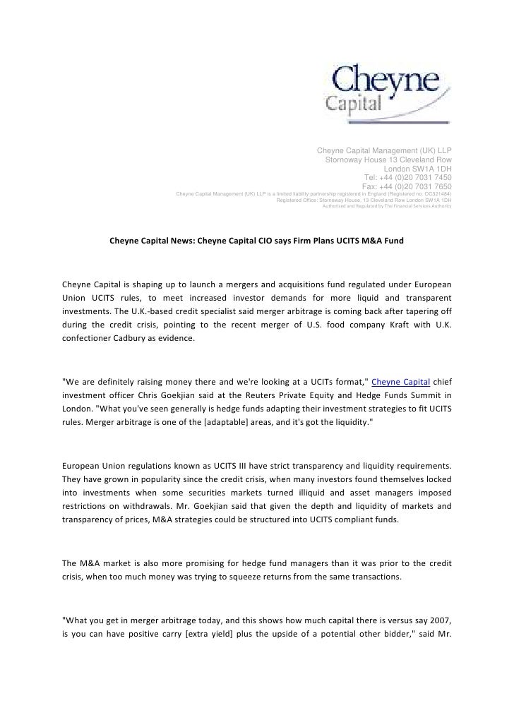 Cheyne Capital News Cheyne Capital CIO says Firm Plans UCITS M&A Fund