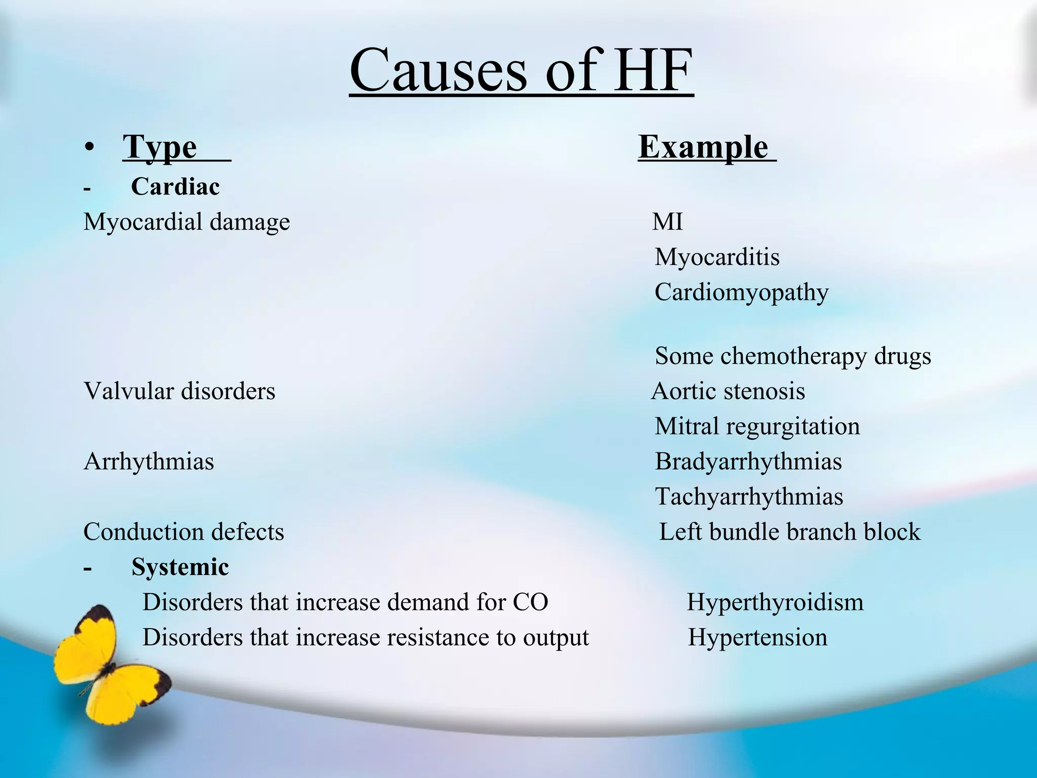 Causes of HF Type  Example  -  Cardiac  Myocardial damage  MI Myocarditis Cardiomyopathy  Some chemotherapy drugs Valvular disorders  Aortic stenosis Mitral regurgitation Arrhythmias  Bradyarrhythmias Tachyarrhythmias Conduction defects  Left bundle branch block -  Systemic Disorders that increase demand for CO  Hyperthyroidism Disorders that increase resistance to output  Hypertension 