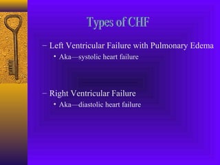 – Left Ventricular Failure with Pulmonary Edema
   • Aka—systolic heart failure




– Right Ventricular Failure
   • Aka—diastolic heart failure
 