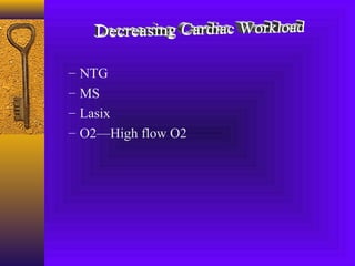 –   NTG
–   MS
–   Lasix
–   O2—High flow O2
 