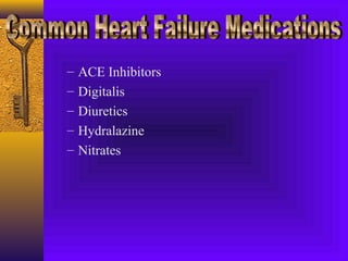 –   ACE Inhibitors
–   Digitalis
–   Diuretics
–   Hydralazine
–   Nitrates
 