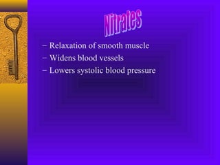 – Relaxation of smooth muscle
– Widens blood vessels
– Lowers systolic blood pressure
 
