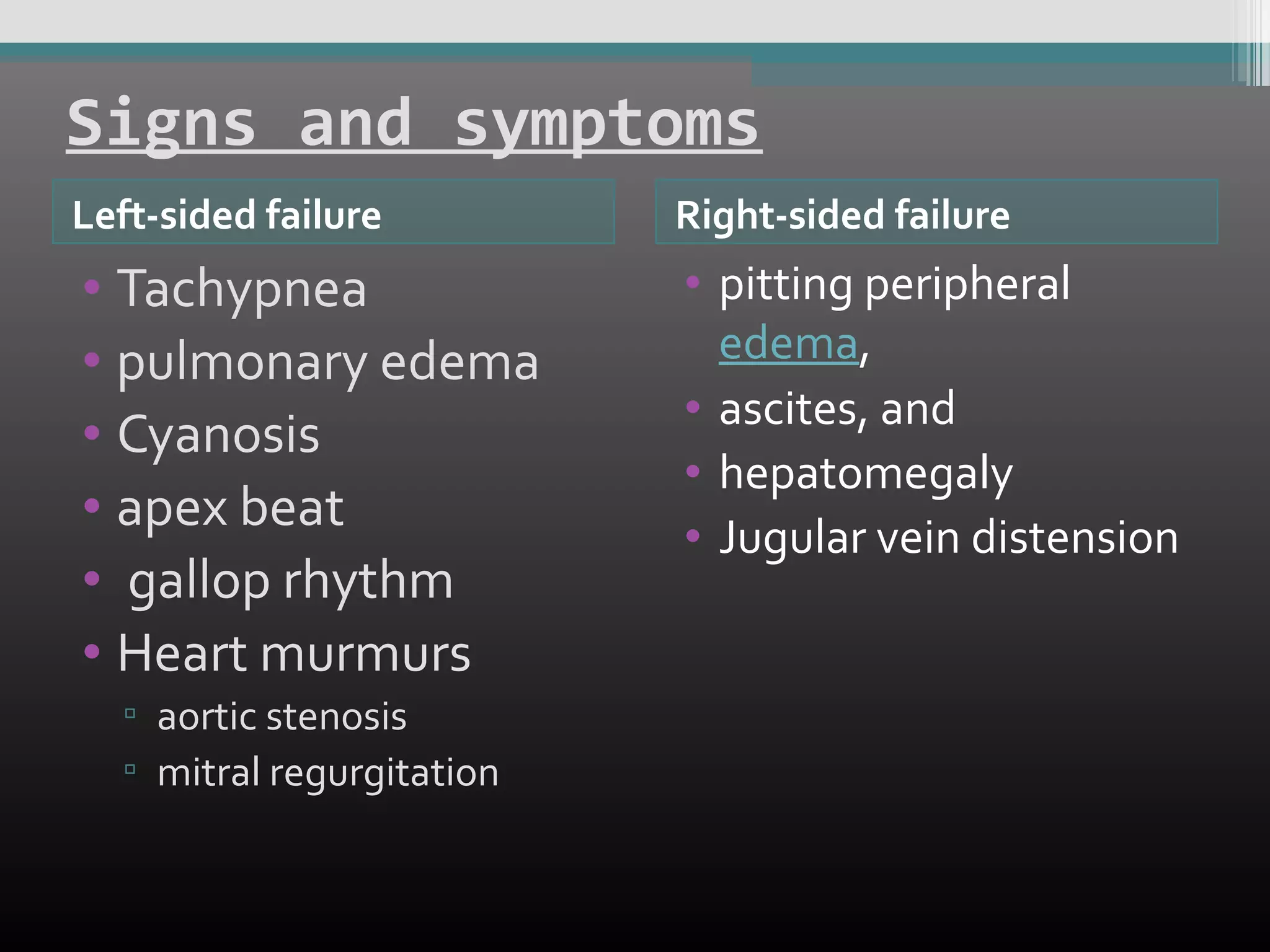 Signs and symptoms
Left-sided failure

Right-sided failure

• Tachypnea
• pulmonary edema
• Cyanosis
• apex beat
• gallop rhythm
• Heart murmurs

• pitting peripheral
edema,
• ascites, and
• hepatomegaly
• Jugular vein distension

▫ aortic stenosis
▫ mitral regurgitation

 