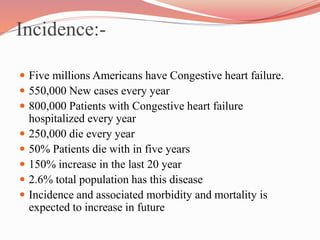 Incidence:-
 Five millions Americans have Congestive heart failure.
 550,000 New cases every year
 800,000 Patients with Congestive heart failure
hospitalized every year
 250,000 die every year
 50% Patients die with in five years
 150% increase in the last 20 year
 2.6% total population has this disease
 Incidence and associated morbidity and mortality is
expected to increase in future
 