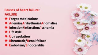 Causes of heart failure:
FAILURE
 Forgot medications
 Anemia/Arrhythmia/Anomalies
 Infection/Infarction/Ischemia
 Life...