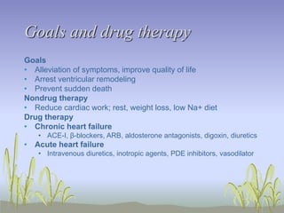 Goals and drug therapy
Goals
• Alleviation of symptoms, improve quality of life
• Arrest ventricular remodeling
• Prevent sudden death
Nondrug therapy
• Reduce cardiac work; rest, weight loss, low Na+ diet
Drug therapy
• Chronic heart failure
• ACE-I, β-blockers, ARB, aldosterone antagonists, digoxin, diuretics
• Acute heart failure
• Intravenous diuretics, inotropic agents, PDE inhibitors, vasodilator
 