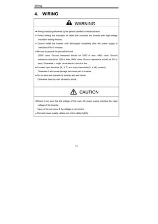 Wiring
14
4. WIRING
● Wiring must be performed by the person certified in electrical work.
● Forbid testing the insulation of cable that connects the inverter with high-voltage
insulation testing devices.
● Cannot install the inverter until discharged completely after the power supply is
switched off for 5 minutes.
● Be sure to ground the ground terminal.
(200V class: Ground resistance should be 100Ω or less, 400V class: Ground
resistance should be 10Ω or less, 660V class: Ground resistance should be 5Ω or
less). Otherwise, it might cause electric shock or fire.
● Connect input terminals (R, S, T) and output terminals (U, V, W) correctly.
Otherwise it will cause damage the inside part of inverter.
● Do not wire and operate the inverter with wet hands.
Otherwise there is a risk of electric shock.
●Check to be sure that the voltage of the main AC power supply satisfies the rated
voltage of the Inverter.
Injury or fire can occur if the voltage is not correct.
● Connect power supply cables and motor cables tightly.
WARNING
CAUTION
 