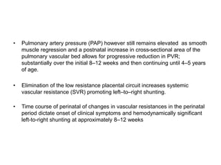 • Pulmonary artery pressure (PAP) however still remains elevated as smooth
muscle regression and a postnatal increase in cross-sectional area of the
pulmonary vascular bed allows for progressive reduction in PVR;
substantially over the initial 8–12 weeks and then continuing until 4–5 years
of age.
• Elimination of the low resistance placental circuit increases systemic
vascular resistance (SVR) promoting left–to–right shunting.
• Time course of perinatal of changes in vascular resistances in the perinatal
period dictate onset of clinical symptoms and hemodynamically significant
left-to-right shunting at approximately 8–12 weeks
 