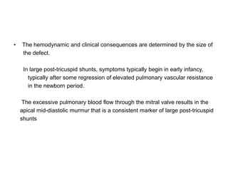 • The hemodynamic and clinical consequences are determined by the size of
the defect.
In large post-tricuspid shunts, symptoms typically begin in early infancy,
typically after some regression of elevated pulmonary vascular resistance
in the newborn period.
The excessive pulmonary blood flow through the mitral valve results in the
apical mid-diastolic murmur that is a consistent marker of large post-tricuspid
shunts
 