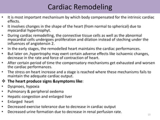 Cardiac Remodeling 
• It is most important mechanisum by which body compensated for the intrinsic cardiac 
effects. 
• It involves changes in the shape of the heart (from normal to spherical) due to 
myocardial hypertrophyt. 
• During cardiac remodelling, the connective tissue cells as well as the abnormal 
myocardial cells undergoes proliferation and dilation instead of steching under the 
influences of angiotensin 2. 
• In the early stages, the remodelled heart maintains the cardiac performances. 
• But later on ,hypertrophy may exert certain adverse effects like ischaemic changes, 
decrease in the rate and force of contraction of heart. 
• After certain period of time the compensatory mechanisms get exhausted and worsen 
the cardiac performances. 
• The stress on heart increase and a stage is reached where these mechanisms fails to 
maintain the adequate cardiac output. 
 The heart produce signs &symptoms like: 
• Dyspnoes, hypoxia 
• Pulmonary & peripheral oedema 
• Hepatic congestion and enlarged liver 
• Enlarged heart 
• Decreased exercise tolerance due to decrease in cardiac output 
• Decreased urine formation due to decrease in renal perfusion rate. 
13 
 