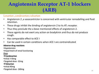 Angiotensin Receptor AT-1 blockers 
(ARB) 
Losartan ,candesartan,valsartan 
• Angiotensin 2 ,a vasocontrictor is concerned with ventricular remodelling and fluid 
retention. 
• These drugs inhibit the binding of angiotensin 2 to its AT₁ receptor. 
• Thus they preclude the a bove mentioned effects of angiotensin 2. 
• These agents do not exert any action on bradykinin and thus do not produce 
cough. 
• Has comparable effect to ACE I 
• Can be used in certain conditions when ACE I are contraindicated 
Adverse drug reactions 
•Hypotension 
•Impariment of renal functioning 
Dose 
Candesartan 
•Initial: 4-8mg 
•Targeted dose -32mg 
Valsartan 
•Initial:40mg 
•Targeted dose -160mg 
28 
 