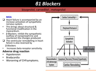 β1 Blockers 
MOA 
bisoprolol, carvedilol , metoprolol 
 Heart failure is accompanied by an 
increase activation of sympathetic 
nervous system. 
• This brings about structural & 
functional modification in the 
myocardium. 
• β Blockers inhibit the sympathetic 
outflow of norepinephrine and 
counteract the changes produced. 
 The ventricular remodelling in heart 
failure is also reversed by 
β Blockers 
• Increases beta receptor sensitivity. 
Adverse drug reaction 
• Hypotension 
• Bradycardia 
• Worsening of CHFsymptoms. 
36 
 