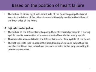 Based on the position of heart failure 
• The failure of either right side or left side of the heart to pump the blood 
leads to the failure of the other side and ultimately results in the failure of 
the both sides of the heart. 
 Left side cardiac failure 
• The failure of the left ventricle to pump the entire blood present in it during 
systole results in retention of some amount of blood after every systole 
• Thus blood is accumulated in the left ventricle after few systole of the heart. 
• The left ventricle fails to accept the blood from auricles and lungs thus the 
uncollected blood due to back-up pressure remains in the lungs resulting in 
pulmonary oedema. 
7 
 