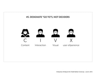 #5. DESIGNATE “GO TO”S, NOT DECIDERS
C
Content
I
Interaction
V
Visual
X
user eXperience
Enterprise UX.Beyond the Toolkit.N...