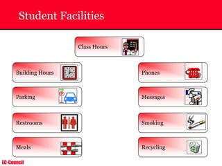 EC-Council
Student Facilities
Building Hours Phones
Parking Messages
Restrooms Smoking
Recycling
Meals
Class Hours
 