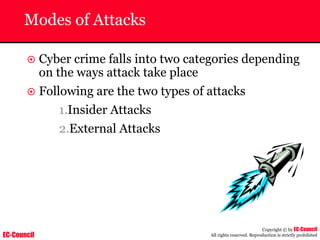 EC-Council
Copyright © by EC-Council
All rights reserved. Reproduction is strictly prohibited
Modes of Attacks
~ Cyber crime falls into two categories depending
on the ways attack take place
~ Following are the two types of attacks
1.Insider Attacks
2.External Attacks
 