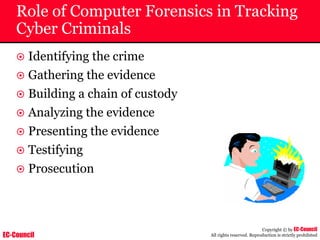 EC-Council
Copyright © by EC-Council
All rights reserved. Reproduction is strictly prohibited
Role of Computer Forensics in Tracking
Cyber Criminals
~ Identifying the crime
~ Gathering the evidence
~ Building a chain of custody
~ Analyzing the evidence
~ Presenting the evidence
~ Testifying
~ Prosecution
 