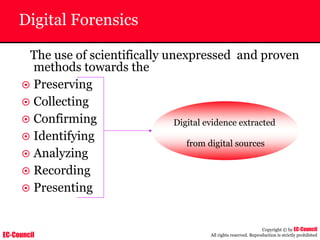 EC-Council
Copyright © by EC-Council
All rights reserved. Reproduction is strictly prohibited
Digital Forensics
The use of scientifically unexpressed and proven
methods towards the
~ Preserving
~ Collecting
~ Confirming
~ Identifying
~ Analyzing
~ Recording
~ Presenting
Digital evidence extracted
from digital sources
 