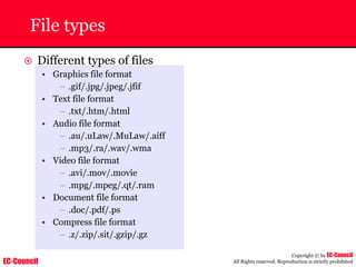 EC-Council
Copyright © by EC-Council
All Rights reserved. Reproduction is strictly prohibited
File types
~ Different types of files
• Graphics file format
– .gif/.jpg/.jpeg/.jfif
• Text file format
– .txt/.htm/.html
• Audio file format
– .au/.uLaw/.MuLaw/.aiff
– .mp3/.ra/.wav/.wma
• Video file format
– .avi/.mov/.movie
– .mpg/.mpeg/.qt/.ram
• Document file format
– .doc/.pdf/.ps
• Compress file format
– .z/.zip/.sit/.gzip/.gz
 