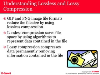 EC-Council
Copyright © by EC-Council
All Rights reserved. Reproduction is strictly prohibited
Understanding Lossless and Lossy
Compression
~ GIF and PNG image file formats
reduce the file size by using
lossless compression
~ Lossless compression saves file
space by using algorithms to
represent data contained in the file
~ Lossy compression compresses
data permanently removing
information contained in the file
 