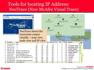 EC-Council
Copyright © by EC-Council
All Rights reserved. Reproduction is strictly prohibited
Tools for locating IP Address:
NeoTrace (Now McAfee Visual Trace)
NeoTrace shows the
traceroute output
visually – map view,
node view and IP view
 