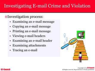 EC-Council
Copyright © by EC-Council
All Rights reserved. Reproduction is strictly prohibited
Investigating E-mail Crime and Violation
~Investigation process:
• Examining an e-mail message
• Copying an e-mail message
• Printing an e-mail message
• Viewing e-mail headers
• Examining an e-mail header
• Examining attachments
• Tracing an e-mail
 