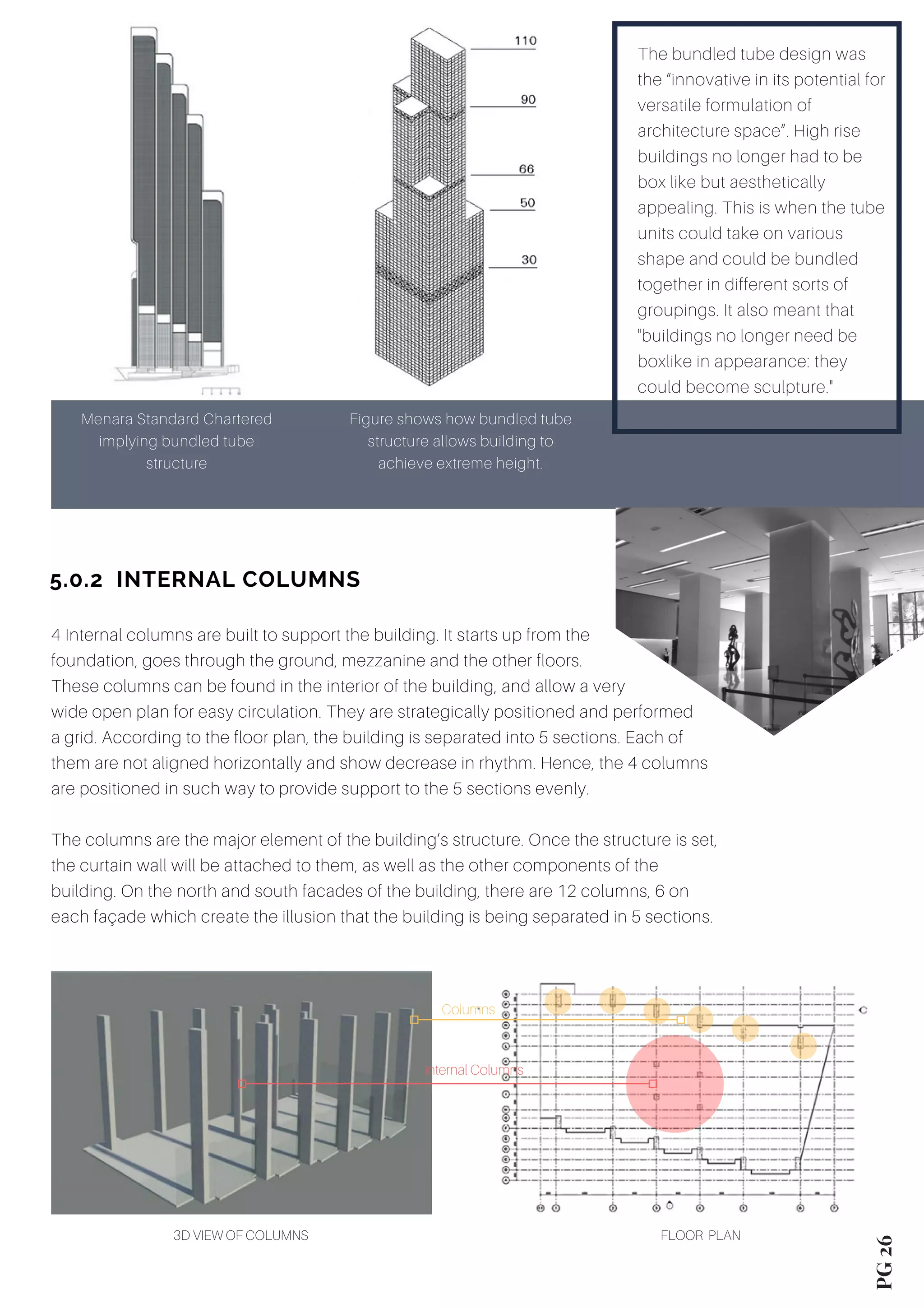 PG 26
5.0.2  INTERNAL COLUMNS
Figure shows how bundled tube
structure allows building to
achieve extreme height.
Menara Standard Chartered
implying bundled tube
structure
The bundled tube design was
the “innovative in its potential for
versatile formulation of
architecture space”. High rise
buildings no longer had to be
box like but aesthetically
appealing. This is when the tube
units could take on various
shape and could be bundled
together in different sorts of
groupings. It also meant that
"buildings no longer need be
boxlike in appearance: they
could become sculpture."
4 Internal columns are built to support the building. It starts up from the
foundation, goes through the ground, mezzanine and the other floors.
These columns can be found in the interior of the building, and allow a very
wide open plan for easy circulation. They are strategically positioned and performed
a grid. According to the floor plan, the building is separated into 5 sections. Each of
them are not aligned horizontally and show decrease in rhythm. Hence, the 4 columns
are positioned in such way to provide support to the 5 sections evenly.
The columns are the major element of the building’s structure. Once the structure is set,
the curtain wall will be attached to them, as well as the other components of the
building. On the north and south facades of the building, there are 12 columns, 6 on
each façade which create the illusion that the building is being separated in 5 sections.
3D VIEW OF COLUMNS FLOOR PLAN
internal Columns
Columns
 