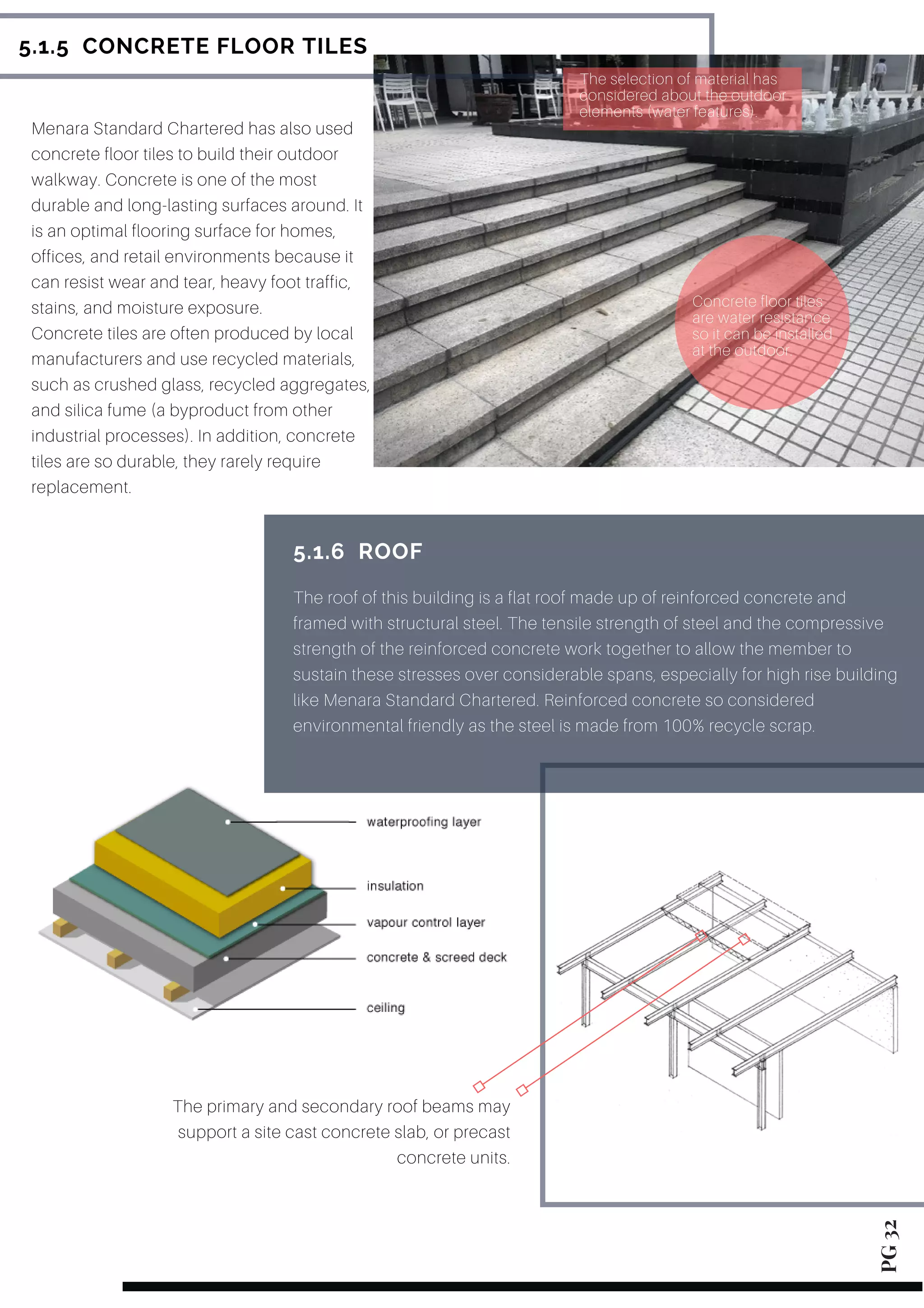 5.1.5  CONCRETE FLOOR TILES
Menara Standard Chartered has also used
concrete floor tiles to build their outdoor
walkway. Concrete is one of the most
durable and long-lasting surfaces around. It
is an optimal flooring surface for homes,
offices, and retail environments because it
can resist wear and tear, heavy foot traffic,
stains, and moisture exposure.
Concrete tiles are often produced by local
manufacturers and use recycled materials,
such as crushed glass, recycled aggregates,
and silica fume (a byproduct from other
industrial processes). In addition, concrete
tiles are so durable, they rarely require
replacement.
5.1.6  ROOF
The roof of this building is a flat roof made up of reinforced concrete and
framed with structural steel. The tensile strength of steel and the compressive
strength of the reinforced concrete work together to allow the member to
sustain these stresses over considerable spans, especially for high rise building
like Menara Standard Chartered. Reinforced concrete so considered
environmental friendly as the steel is made from 100% recycle scrap.
PG 32
The selection of material has
considered about the outdoor
elements (water features).
Concrete floor tiles
are water resistance
so it can be installed
at the outdoor.
The primary and secondary roof beams may
support a site cast concrete slab, or precast
concrete units.
 