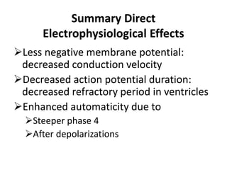Summary Direct
Electrophysiological Effects
Less negative membrane potential:
decreased conduction velocity
Decreased action potential duration:
decreased refractory period in ventricles
Enhanced automaticity due to
Steeper phase 4
After depolarizations
 
