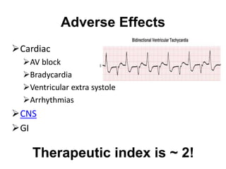Adverse Effects
Cardiac
AV block
Bradycardia
Ventricular extra systole
Arrhythmias
CNS
GI
Therapeutic index is ~ 2!
 