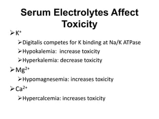Serum Electrolytes Affect
Toxicity
K+
Digitalis competes for K binding at Na/K ATPase
Hypokalemia: increase toxicity
Hyperkalemia: decrease toxicity
Mg2+
Hypomagnesemia: increases toxicity
Ca2+
Hypercalcemia: increases toxicity
 