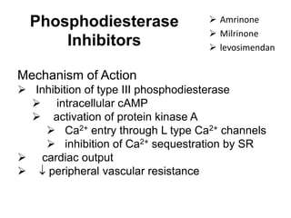 Phosphodiesterase
Inhibitors
 Amrinone
 Milrinone
 levosimendan
Mechanism of Action
 Inhibition of type III phosphodiesterase
 intracellular cAMP
 activation of protein kinase A
 Ca2+ entry through L type Ca2+ channels
 inhibition of Ca2+ sequestration by SR
 cardiac output
  peripheral vascular resistance
 
